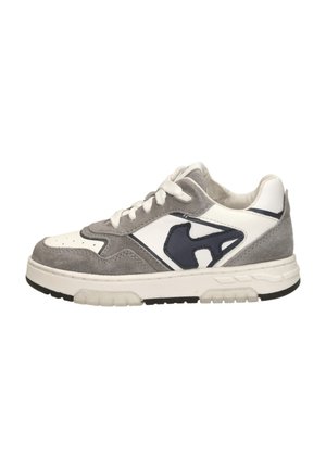 Grey suede sneaker with white leather accents and navy logo. Features perforated toe, padded collar, and textured rubber sole. Classic design.