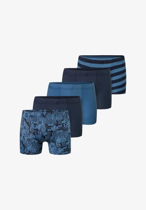Five pairs of men's boxer shorts in varying shades of blue, including solid colors and a patterned design with graphics. Soft, elastic waistband.