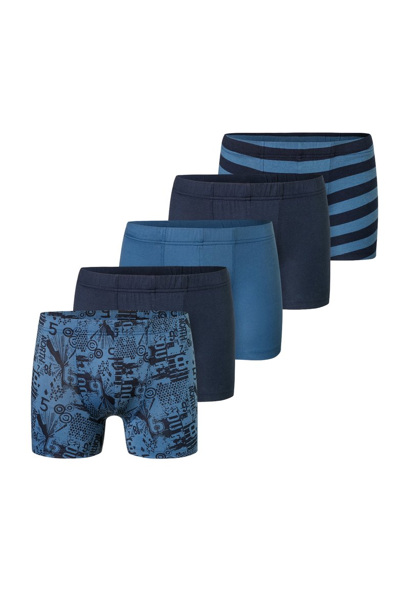 Fünf Paare Herrenboxershorts in verschiedenen Blautönen, darunter unifarbene Modelle und ein gemustertes Design mit Grafiken. Weicher, elastischer Bund.