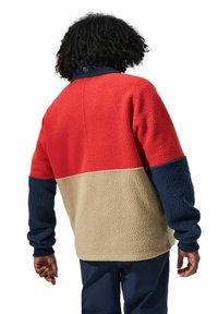 Fleece pullover met rode, beige en marineblauwe color blocks; gestructureerd oppervlak; hoge kraag; lange mouwen; verstelbare manchetten; casual pasvorm.