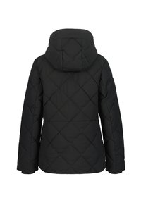 Sort quiltet jakke med hætte, lange ærmer og diamantstingmønster, vist fra bagsiden på en hvid baggrund.