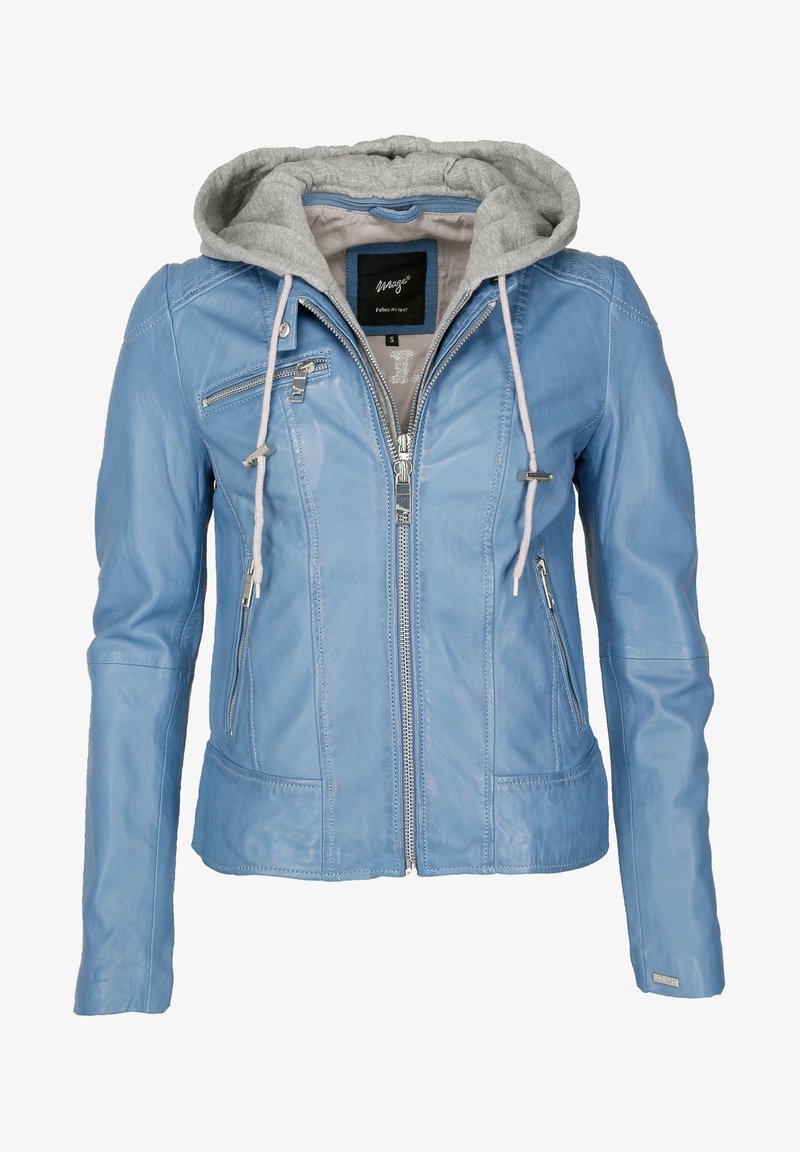 Hellblaues Lederjacke mit grauer Kapuze, Reißverschluss vorne, zwei Reißverschlusstaschen und taillierter Passform. Verfügt über eine glatte Textur und zurückhaltende Nähte.