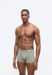 Μυώδης άνδρας, όρθιος, φοράει πράσινα μποξέρ με σχέδιο από φοίνικες και ζώνη μέσης με το λογότυπο "HUGO" σε απλό φόντο.