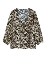 Blouse beige avec col en V, manches 3/4 bouffantes et motif léopard noir. Confectionnée dans un tissu léger et fluide.