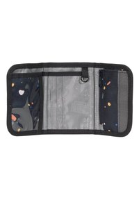 Black wallet organizer with a textured interior, multiple card slots, a zippered compartment, and colorful patterns on a dark background.