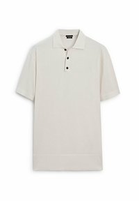 Lyhythihainen polo paita vaaleassa beigeessä, valmistettu teksturoidusta kankaasta, jossa on kolmonen napitus ja ribattu helma. Ei näkyviä kuvioita tai logoja.