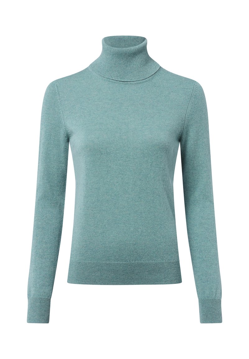 Helles Türkis Turtleneck-Pullover aus weichem Stoff, mit taillierter Passform, langen Ärmeln sowie einem gerippten Kragen und Bündchen.