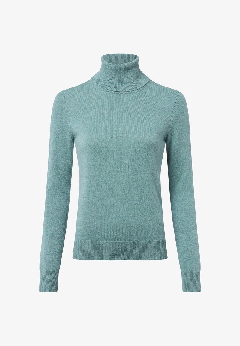 Helles Türkis Turtleneck-Pullover aus weichem Stoff, mit taillierter Passform, langen Ärmeln sowie einem gerippten Kragen und Bündchen.
