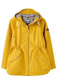 Żółta wodoodporna kurtka z kapturem, elastycznym pasem i dwoma przednimi kieszeniami. Podszyta delikatnymi paskami, z ozdobnymi troczkami.