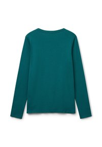 Türaquamarine Langarmshirt mit Rundhalsausschnitt von hinten auf einem weißen Hintergrund ohne sichtbare Muster oder Logos.