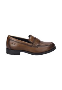 Mocassin en cuir marron avec une finition lisse, bout rond et couture décorative. Semelle en caoutchouc plate pour le confort et la durabilité.