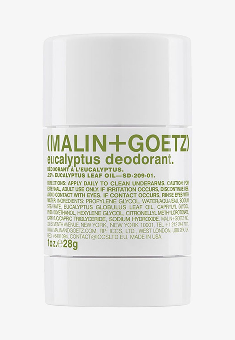 Weißer zylindrischer Deodorantstick mit grüner Schrift, die den Eukalyptusduft und die Verwendungshinweise auf dem Etikett angibt. 1 oz (28 g).