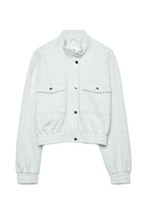 Světlá šedá krátká bunda s vysokým límcem, na přední straně se zapínáním na druky, dvěma kapsami na prsou s klopami a elastickými manžetami a páskem.