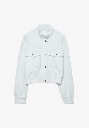 Lysegrå cropped jakke med høj krave, trykknap foran, to brystlommer med klap samt elastiske manchetter og talje.