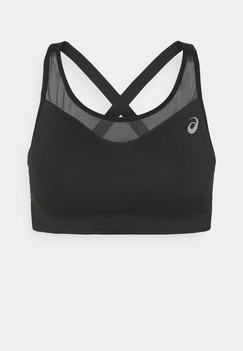 Soutien-gorge de sport noir avec un dos en maille et des bretelles croisées. Tissu lisse et encolure arrondie. Logo sur la partie gauche de la poitrine.