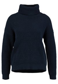 Pull à col roulé bleu marine avec un motif texturé en maille gaufrée. Avec des manches longues et une coupe décontractée, il présente des bords côtelés.