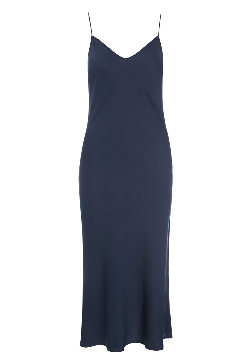Robe nuisette bleu marine avec un décolleté en V et de fines bretelles spaghetti. Tissu lisse et léger avec une fente sur le côté pour un détail supplémentaire.