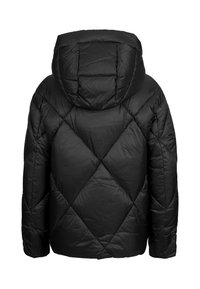 Giacca a vento nera con design a rombi, ampio cappuccio e superficie liscia e lucida. Polsini e orlo elasticizzati per una vestibilità aderente.