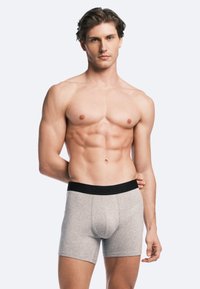 Gray cotton boxer briefs with a black elastic waistband featuring embossed text. The design is fitted and mid-thigh length.
