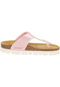 Sandal in finta pelle rosa con soletta in sughero, suola in gomma bianca e cinturini testurizzati. Presenta un logo in rilievo sul lato.