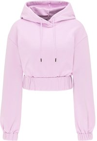 Beskuren hoodie i ljuslila, tillverkad av mjukt tyg. Har en dragsko för huvan och elastiska linningar vid midjan och ärmarna för en snug passform.