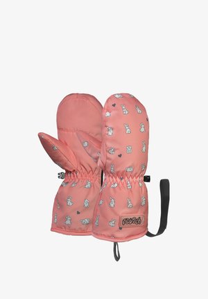 Pink mittens made of soft, water-resistant material with a bunny pattern and elastic wrist for a secure fit. Features a logo tag and wrist strap.