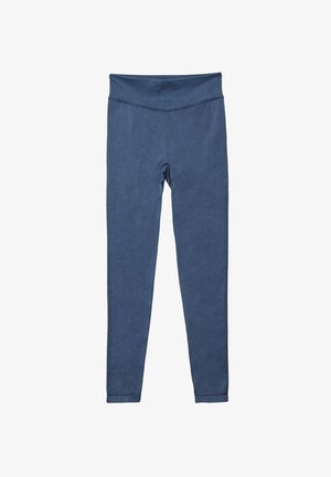 Blå højtaljede leggings med en bred talje, ingen synlige mønstre eller logoer, lagt fladt på en hvid baggrund.
