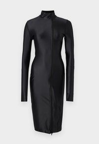 Μαύρο, μακρυμάνικο φόρεμα από λείο, ελαστικό ύφασμα; διαθέτει ψηλό γιακά και φερμουάρ πλήρους μήκους μπροστά.