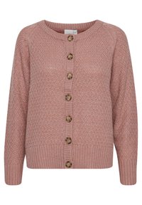 Cardigan tricoté rose avec un col rond, une fermeture à boutons sur le devant et des poignets côtelés. Tissu texturé avec six boutons marron au centre.