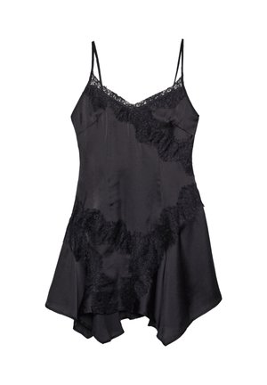 Zwarte satijnen slipdress met kantafwerking, voorzien van verstelbare spaghetti-bandjes en een uitlopende zoom, zachte textuur en decoratieve ruches.