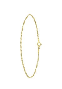 Gouden armband met een gedraaid ontwerp, voorzien van een karabijnsluiting voor een veilige sluiting en een glanzende afwerking.