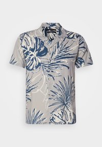 Cămașă cu mânecă scurtă, dintr-un material gri deschis, cu un model tropical de frunze albastre și albe, având un guler clasic și șapte nasturi.