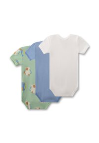 Drei Kurzarm-Babybodysuits in Grün mit Affenmotiv, Blau und Weiß. Hergestellt aus weicher Baumwolle, mit Druckknöpfen am Boden.