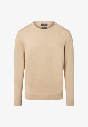 Beige Langarm-Pullover mit Rundhalsausschnitt aus Bio-Baumwolle, mit gerippten Bündchen und Saum.