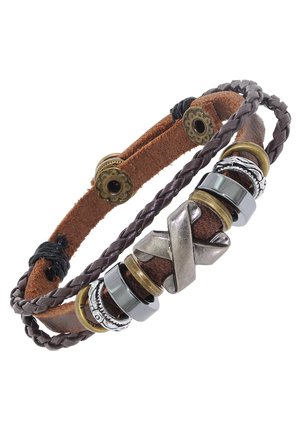 Brown leather bracelet with braided straps, decorated with metal rings and a central silver X-shaped charm.