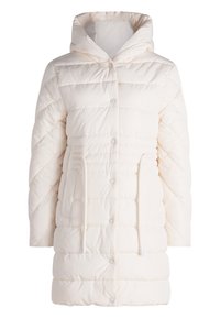 Lichtbeige gewatteerde jas met een capuchon, voorzien van een ritssluiting en knopen, een elastische trekkoord taille en een diagonaal quiltpatroon.
