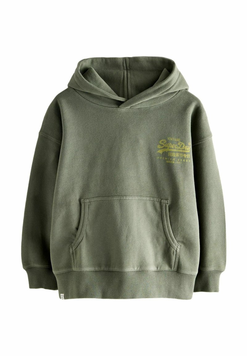 Felpa verde oliva in misto cotone. Presenta una tasca frontale, polsini a costine e un cappuccio con coulisse. Logo testuale giallo sul petto.