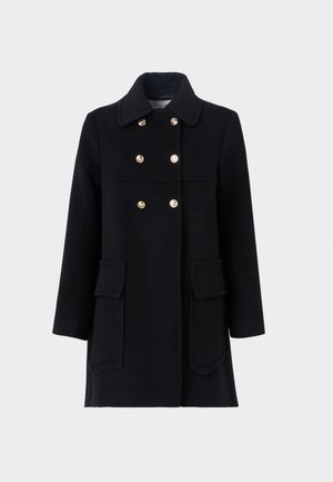 Palton negru din lână, cu guler tăiat, închidere cu butoane aurii, duble, două buzunare aplicate și croială dreaptă. Textură netedă, design minimal.