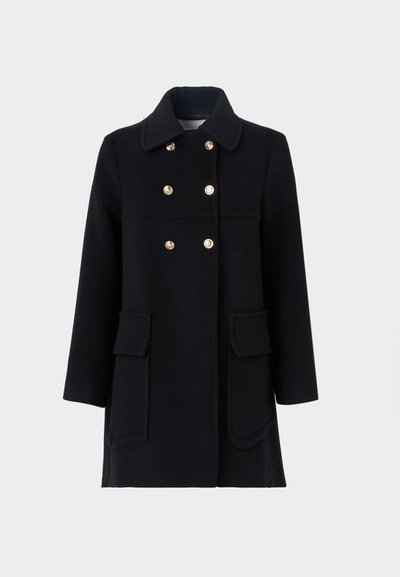 Black wool coat with a notched collar, double-breasted gold button closure, two patch pockets, and a straight cut. Smooth texture, minimal design.
