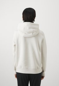 Sweat à capuche gris clair en tissu doux, avec un cordon de serrage à la capuche, des poignets et un ourlet côtelés. Présente un design simple et minimaliste.