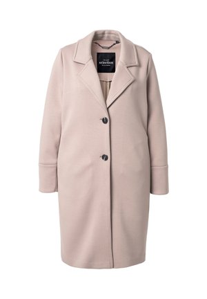 Lichtroze jas van gestructureerde stof, met een notched kraag, lange mouwen en twee knopen aan de voorkant, met een licht getailleerde vorm.