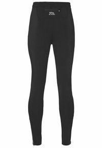 Leggings atletici neri realizzati in tessuto elastico, con una vestibilità aderente, una tasca posteriore con zip e zip alla caviglia per una facile vestibilità.