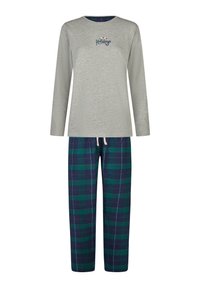 Lichtgrijze top met lange mouwen met de tekst "Prettige Feestdagen" en pyjamabroek met drawstring in marinegroen en groen geruit.
