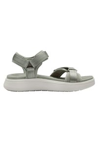 Light gray sandal with adjustable straps, soft padded footbed, and a white, cushioned sole. Features a mix of fabric and foam materials.