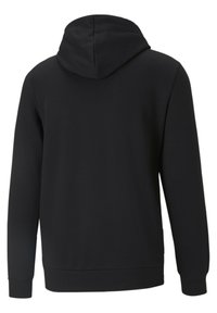 Felpa nera con cappuccio, in misto cotone, maniche lunghe, polsini e orlo a costine, texture liscia, design semplice senza motivi o accenti.