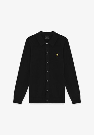 Schwarzer, langärmliger Cardigan mit Knopfleiste, spitzem Kragen und kleinem gelbem, aufgesticktem Vogel-Logo auf der linken Brust.