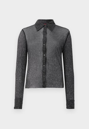 Black long-sleeve shirt made from a textured, sheer fabric with a button-down front and a classic collar. Features a subtle sheen and fitted design.