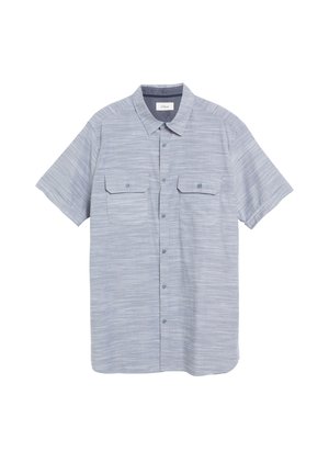 Light blue short-sleeve button-up shirt with two chest pockets and a classic collar, laid flat on a white background.