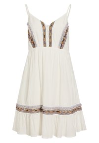 Weißes ärmelloses Kleid mit V-Ausschnitt, verziert mit mehrfarbiger Stickerei und Spitzenakzenten, und einem ausgestellten, schichtenartigen Saum.