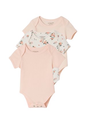 Three short-sleeve baby bodysuits in pastel pink and floral patterns, each with snap closures at the bottom.